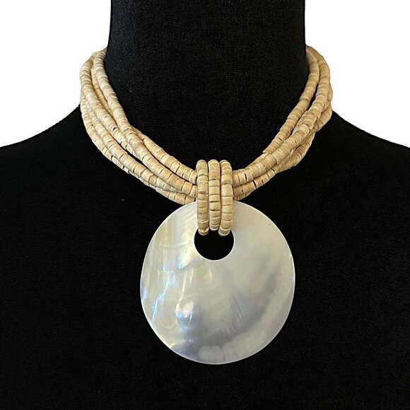 Multistrand Wooden Beaded Necklace With Large Mother-Of-Pearl Pendant - Picture 1 of 3
